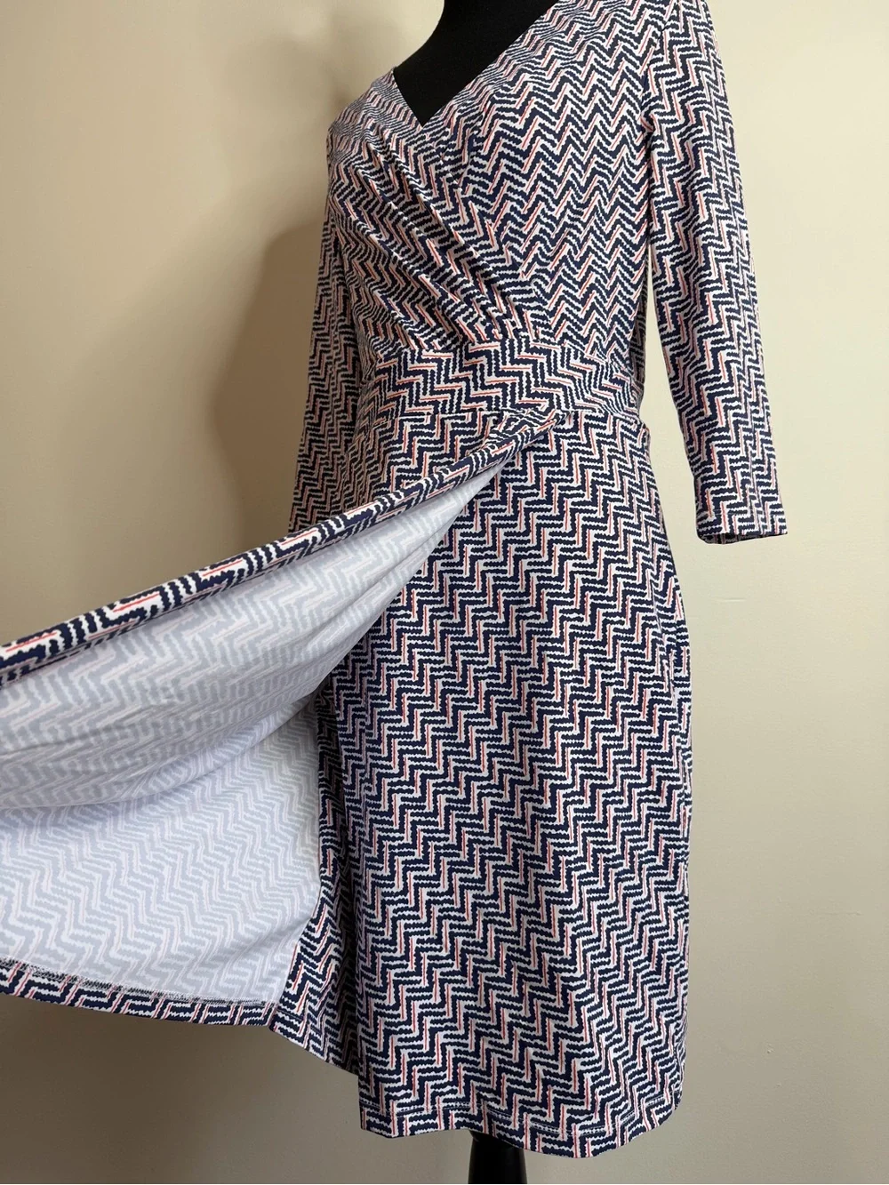 J McLaughlin Sz S Catalina Cloth Faux Wrap Dress 3/4 Sleeve Blue Red Stretch